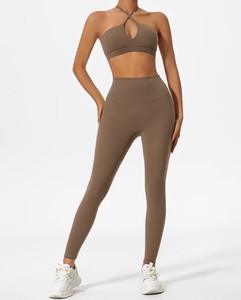 Polyester Spandex <b>Women</b> Yoga Set Stretch Tank <b>Top</b> <b>Compression</b> Leggings Elastic Waist High-Waisted Custom - Product Image 1