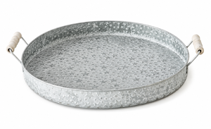 Embossed stars Round Metal <b>Serving</b> <b>Tray</b> with Wooden Handles for <b>party</b> and festival - Product Image 3