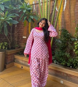 Pink Floral Women 2 Piece Casual <b>Work</b> Set Long Sleeve Top Wide Leg Pants Printed Salwar Kameez Outfit with Scarf - Product Image 5