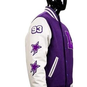 <b>Men's</b> <b>Purple</b> Varsity Jacket With Embroidered L Logo And Stars Preppy Style Baseball Jacket Regular Fit Turn-down Collar - Product Image 3