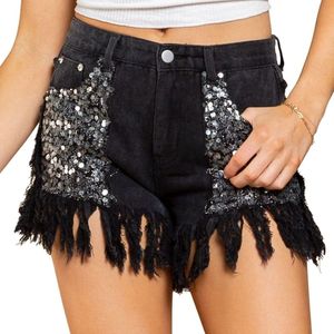 Shorts de mezclilla negros de cintura alta con bolsillos con lentejuelas y diseño asimétrico con dobladillo deshilachado, estilo veraniego - Product Image 1