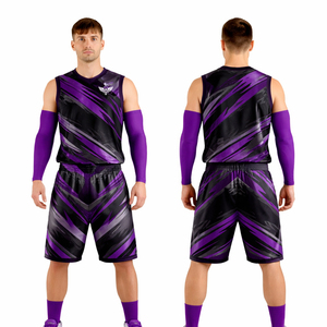 ชุดเสื้อบาสเก็ตบอลสีดำม่วงแบบกำหนดเองสำหรับผู้ชาย ชุดกีฬาแขนกุด ลายเส้นนามธรรม ระบายอากาศได้ดี แห้งเร็ว ชุดฝึกซ้อม - Product Image 1