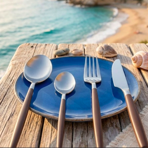 Juego de cubiertos de lujo con mango de madera y acero inoxidable pulido a espejo para uso diario en el hogar, restaurante y cocina. - Product Image 6