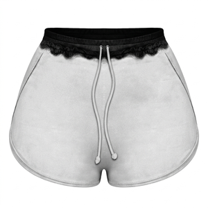 Shorts en molleton de coton et polyester, tissu gris doux, logo personnalisé noir, impression sérigraphique, broderie. Shorts pour femmes. - Product Image 1