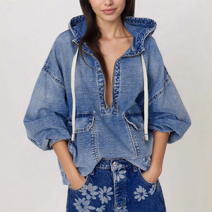 Sudadera con Capucha de Mezclilla Azul para Mujer, de la Mejor Calidad, Informal, Transpirable, Ecológica, de Invierno, con Media Cremallera, Manga Larga y Dos Bolsillos Delanteros Grandes - Product Image 2