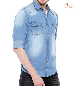 Camisa de Mezclilla Azul Claro para Hombre, Manga Tres Cuartos, Corte Regular, Color Sólido Informal, Cuello Clásico, Transpirable, Algodón Lavado a la Piedra - Product Image 1