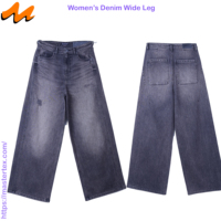 Pantalon en jean taille haute ample et large pour femme, délavage moyen, en coton/élasthanne, décontracté, pour soirée, longueur pleine, plissé, recyclé
