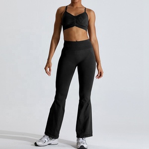 Women's Black 2 Piece Yoga Set Ruched Sports Bra High Waist <b>Flared</b> <b>Leggings</b> Seamless Stretch Activewear - Product Image 1