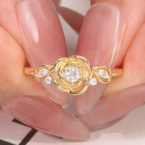 Anillo de Compromiso Romántico con Diamante Natural en Corte Corazón, Forma de Rosa Floral, con Piedra Lateral en Forma de Pera, Regalo para Mujer - Product Image 4