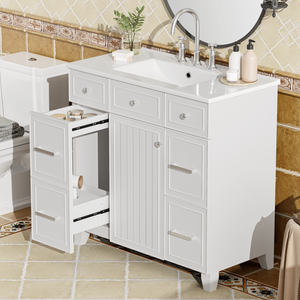 Mobile Bagno in Legno Massello Bianco da 36 Pollici con Lavabo in Ceramica, Ante con Chiusura Ammortizzata, Ripiani Regolabili, 3 Cassetti e Doppio Spazio di Archiviazione - Product Image 1