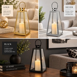 โคมไฟเหล็กสีดำพร้อมแผงกระจกและที่ใส่เทียนสำหรับตกแต่งบ้าน - Product Image 5