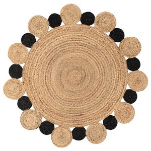 Tapis rond en jute avec pompons, style bohème, fait main, antidérapant, décoration de salon, poils plats, noir naturel - Product Image 4