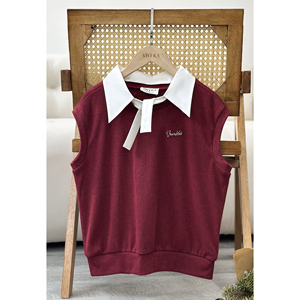 Blouse en laine tricotée décontractée bordeaux pour femme, col contrastant détachable, manches courtes, pull automne-hiver, conception personnalisée ODM OEM LEON - Product Image 6