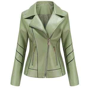 Green PU Leather Moto Jacket With Turn-<b>down</b> Collar Full Sleeve Zipper Closure Women's Autumn Style Outerwear New Coming Hot Sale - Product Image 3