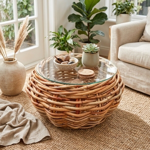 New Modern Minimalist Downes Round Coffee <b>Table</b> Natural Woven Rattan <b>Glass</b> Top Center Tea Accent <b>Table</b> Living Room Patio - Product Image 4