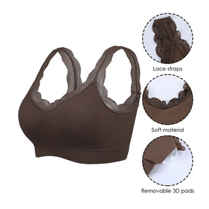 Women's Deep V-<b>Neck</b> Ribbed Sports Bra Lace Trim Racerback Medium Support Yoga Breathable Seamless Solid Color Quick Dry - Product Image 3