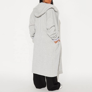 Well Stitched Custom <b>Women</b> Heather Gray Hooded Long Cardigan Coat Open Front Fleece Drawstring Drop Shoulder Casual Trench Coat - Product Image 2
