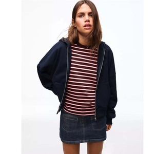 Women's Navy Hooded <b>Zip</b>-<b>Up</b> Sweatshirt Full Sleeve Knitted Cotton Solid Color Winter Wear 2Pcs Front - Product Image 4