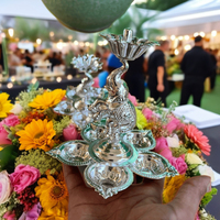 Diya artisanal en argent allemand gravé éléphant dansant, écologique, avec mèche à huile, accessoire de Pooja, cadeau de mariage, souvenir indien