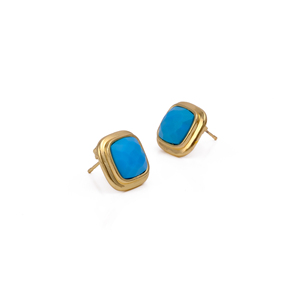 Boucles d'oreilles clous carrées en turquoise naturelle - Pierre précieuse bleue solitaire faite à la main - Bijoux en laiton plaqué or pour usage quotidien - Product Image 2