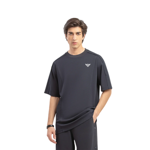 Camiseta de algodón oversize para hombre, azul marino, de corte holgado, manga corta, transpirable, estilo urbano, moda de verano, serigrafiada, color liso. - Product Image 2