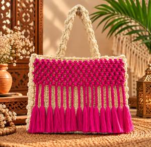 Handmade Knotted Tote <b>Bag</b> with Brown <b>Fringe</b> Tassels, Bohemian Woven Cotton Handbag for Women, Casual Beach Shopper <b>Bag</b> - Product Image 4