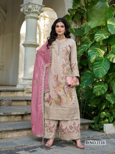 Traje Plazzo sin Brillo con Costuras Decorativas, Adornos de Cordoncillo y Lentejuelas para Fiestas Indias y Pakistaníes, Bodas y Diwali - Product Image 2