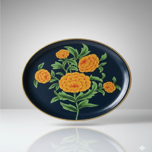 Bandeja ovalada amarilla con una mano divina artesanal sosteniendo una flor de loto, icónico pichwai metálico disponible a precios de mayorista. - Product Image 5
