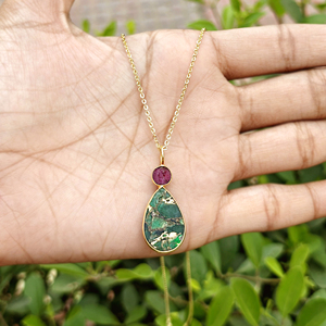 Best selling jewelry mohave ruby with emerald copper turquoise double stone pendant <b>necklace</b> gold plated chain women <b>necklace</b> - Product Image 6