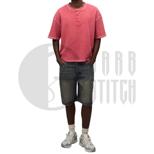 Camiseta de Manga Corta para Hombre, Color Rojo, Tejido Waffle, Cuello Redondo, Ribete en Contraste, Corte Regular, Color Sólido, 100% Algodón - Product Image 3