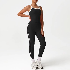 Women's Seamless Knitted <b>Bodysuit</b> With Side Stripe Full Length <b>Cami</b> Square Neck Stretch Activewear Red And Blue - Product Image 2