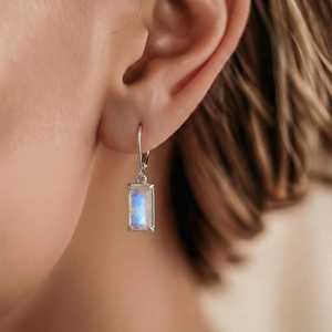 925 Sterling Silver Rectangle Natural Moonstone Drop <b>Earrings</b> Handmade Trendy Engagement Party Jewelry for Women - Product Image 1