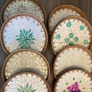 Premium Shell Inlay Rattan Tray Set: Rectangular & Round Mother of Pearl Plates | Unique Corporate Gifts for VIP Clients - Product Image 1