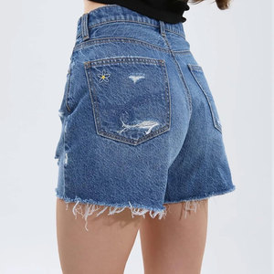 Short en jean déchiré taille haute pour femme, style décontracté, cinq poches, bleu, en coton, avec braguette boutonnée - Product Image 5
