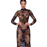 Robe moulante noire à fleurs en maille pour femme, manches longues, col montant, transparente, ajustée, pour soirée, sexy et tendance