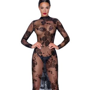 Vestido ajustado de malla floral negro para mujer, manga larga, cuello alto, transparente, para fiesta, sexy y a la moda - Product Image 4