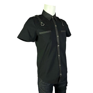 <b>Men's</b> Gothic Punk Short Sleeve Shirt Street Style Black Cotton Button Up with Metal D-Rings and Vegan Leather - Product Image 2