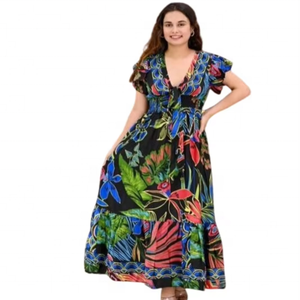 เดรสผ้าไหมลายดอกไม้แบบวินเทจเรียบง่ายแต่งพู่เป็นมิตรกับสิ่งแวดล้อมชุดเดรสทรงเอไลน์แขนสั้นฟรีไซส์เอวธรรมชาติ - Product Image 1