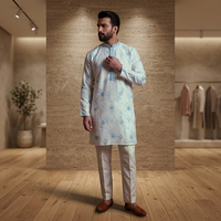 Setelan Kurta Pajama Pria Putih Biru Bermotif Regular Fit Tradisional India Pakistan Panjang Semata Kaki Bebas Kerut