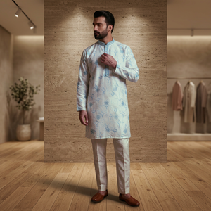 <b>Men</b> White Blue Printed <b>Kurta</b> Pajama Set Regular Fit Traditional Indian Pakistani Ankle-Length Wrinkle Free - Product Image 1