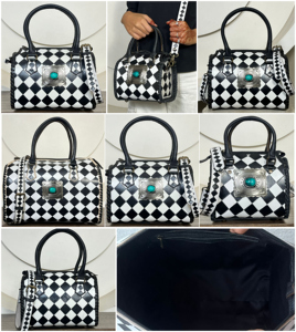 March Expo Checkered Pattern Genuine Cowhide Leather Speedy <b>Bag</b> with Turquoise Concho Personalised <b>Small</b> Shoulder <b>Bag</b> for Unisex - Product Image 3