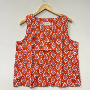 Hand Block Printed Cotton <b>Boho</b> <b>Shirt</b> Lightweight Top Women Short Tops Casual <b>Shirt</b> Sleeveless - Product Image 1