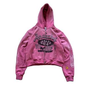 Custom Rhinestone Embroidery Patch French Terry Zip Up <b>Hoodie</b> Oversized Crop Zipper Hoodies Boxy Washed Zip up Hoodies - Product Image 1