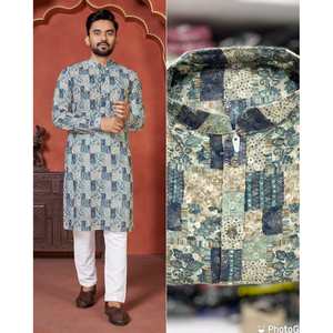 CHICKENKARI EN COTON ATTRACTIF AVEC SÉQUENCE IMPRESSION NUMÉRIQUE TRAVAIL HOMME KURTA PYJAMA BLEU Achkan Bandhgala Sherwani - Product Image 1