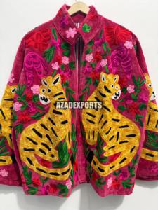 Hand Embroidered Corduroy Trucker <b>Jacket</b> with Tiger Pattern and Floral Design for <b>Women</b> Autumn Wear - Product Image 6
