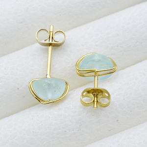 Wire Wrapped Aquamarine Earrings | Round Blue Stone <b>Studs</b> | Handmade Jewelry Gift - Product Image 2