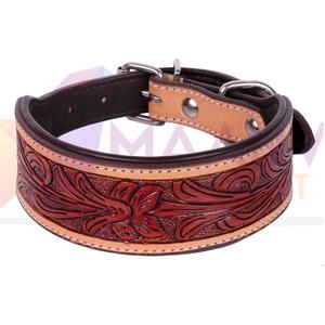 Collier de chien en cuir véritable à motif solide, usiné à la main, style occidental, cou rembourré réglable avec rivet gravé à la main, accessoire pour animaux de compagnie - Product Image 1