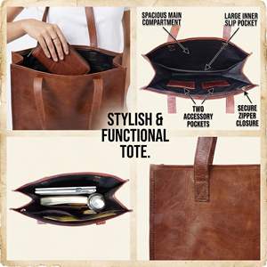 Grand sac fourre-tout en cuir véritable pour femme, sac à bandoulière marron avec fermeture éclair sécurisée pour le travail et l'ordinateur portable - Product Image 2