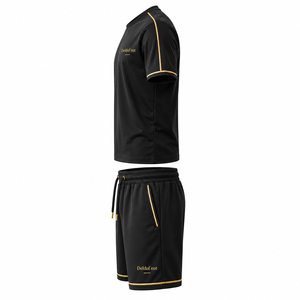 Ensemble T-shirt et short pour homme en polyester/spandex noir avec bordure dorée, imprimé par transfert thermique, tricoté, haut de gamme, décontracté, sportswear d'été - Product Image 3