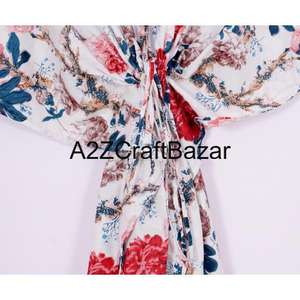 Kaftan court en coton pour femme, écologique, motif floral, robe de plage mi-longue, col en V, manches courtes, taille naturelle, moulante, à volants et pompons - Product Image 3